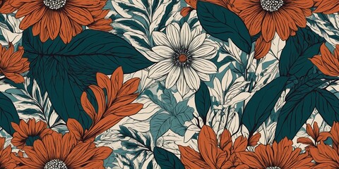 Poster - Vibrant floral pattern featuring orange, white, and green leaves set against a neutral background