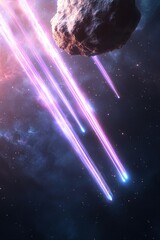 Poster - Meteor trails carve through the dark expanse of space, leaving luminous streaks of color as they descend. This captivating display creates a stunning atmosphere in the cosmos