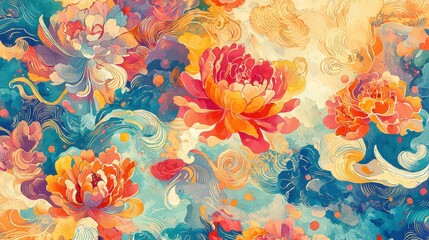 Poster - A stunning display of colorful peonies in shades of orange and pink, surrounded by a swirl of blue and aqua tones on a textured background, creating a harmonious floral design