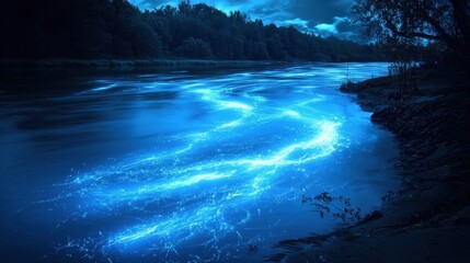 Wall Mural - A serene river glows with bioluminescent blue light, surrounded by lush greenery and tall trees under a darkening sky at dusk, creating a magical atmosphere