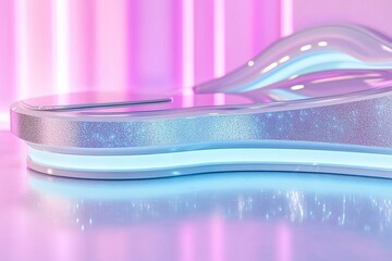 Poster - Sleek abstract patterns in metallic blue and neon purple combine with chrome elements, enhanced by modern lighting effects, showcasing a luxurious high-tech aesthetic