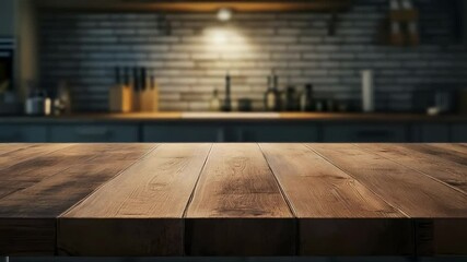 Poster - Warm lighting gently illuminating wooden table surface, presenting sleek modern kitchen interior design with soft evening ambiance perfect for product placement or culinary showcase