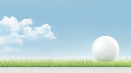 Serene Sphere on Grassy Knoll - A minimalist image symbolizing peace, purity, simplicity, hope, and new beginnings. A white sphere rests gently on a patch of green grass against a tranquil blue sky.