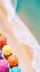 Aufkleber - Gentle ocean waves lapping sandy shoreline next to vibrant beach umbrellas, revealing serene summer vacation atmosphere with soft slow motion visual texture