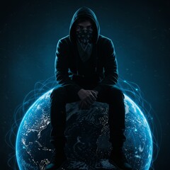 Portrait photo of a hacker sitting on an Earth sphere with blue glowing network lines, wearing a black hoodie and mask, looking at the camera, with a cinematic fantasy filter.

