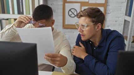 Men in an office working together seriously reviewing documents at a desk with a computer