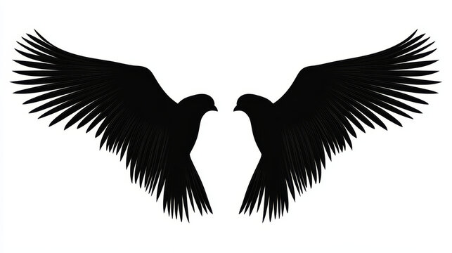 Two graceful flying birds in a black silhouette with outspread wings for tattoo or power concept design