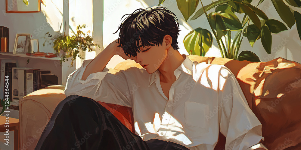 Anime-style male in his twenties with short black hair resting on a ...