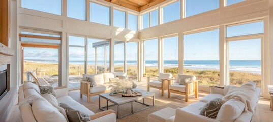 Wall Mural - Modern beach house living room overlooking inspiring ocean view