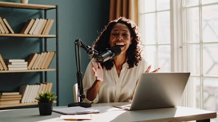 Poster - Female podcaster recording audio content, speaking passionately into microphone while making expressive hand gestures in dynamic slow motion sequence within home studio environment