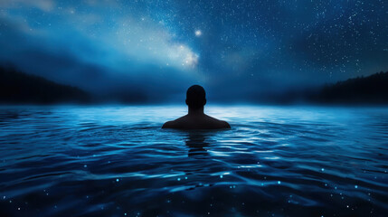 Wall Mural - A man is swimming in a lake at night