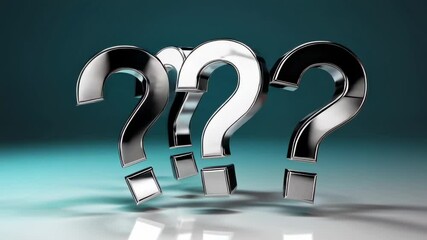 Aufkleber - Rotating metallic question marks moving across reflective surface, symbolizing psychological journey of uncertainty, doubt, and intellectual exploration in search of meaningful solutions