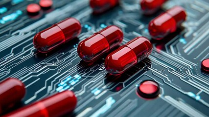Poster - Vibrant circuit board animation showcasing red components and blue connections in motion