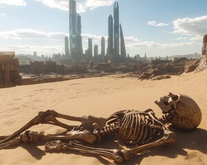 wasteland with ruins of an old civilization and skeletal remains, signifying the world's last desola