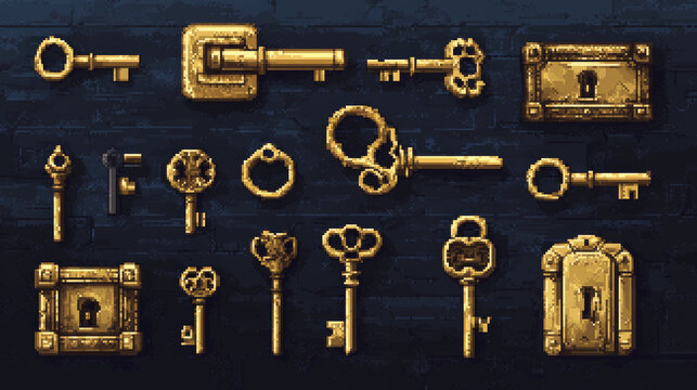 Vintage golden keys and padlocks. Pixel art 8bit game icons, door lock and keys. Vector vintage elements, game assets isolated 2d objects. Retro sprite computer graphic isolated padlocks