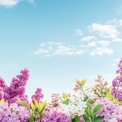Wall Mural - Vibrant spring flower garden with blooming lilacs, jasmine, and other colorful blossoms under a bright blue sky, depicting a serene and lively nature landscape concept