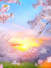 Wall Mural - Vibrant spring landscape with cherry blossoms in full bloom, delicate pink petals falling gracefully, golden sunrise casting warm light over lush green meadow, nature beauty concept