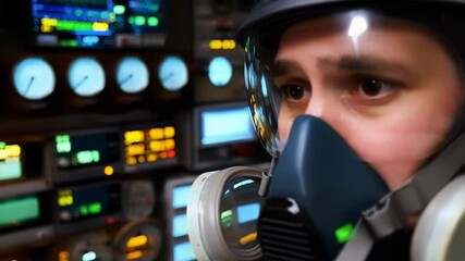 Poster - laboratory scientist wearing protective gear and helmet, carefully monitoring various gauges and dig