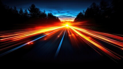Poster - Sunset Highway Speed Light Trails Through Forest