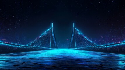Poster - Futuristic city skyline featuring a glowing low poly bridge, embodying emerging technology and innovation