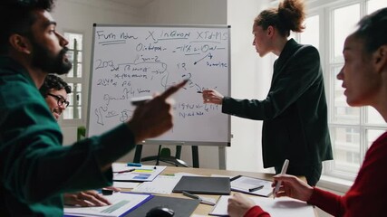 Poster - Business team members actively engaging in a problem solving session, pointing at a whiteboard with equations and discussing solutions, captured in slow motion