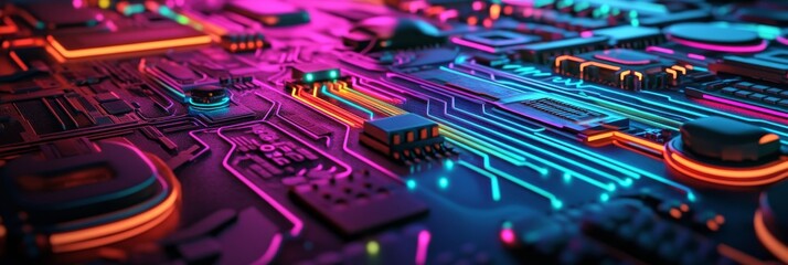 Fototapete - Digital circuitry glows in blue and green against a tech background, featuring patterns of data transfer