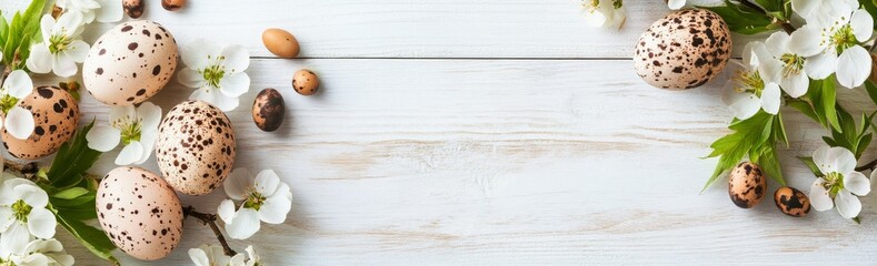 Wall Mural - A banner with spring flowers and Easter eggs displayed on a white wooden base