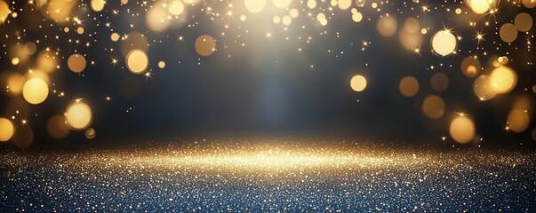 Wall Mural - a banner design incorporates defocused abstract glitter lights in blue, gold, and black.