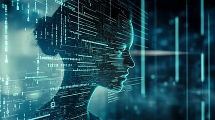 Poster - Futuristic ai silhouette with digital code flowing in blue matrix background