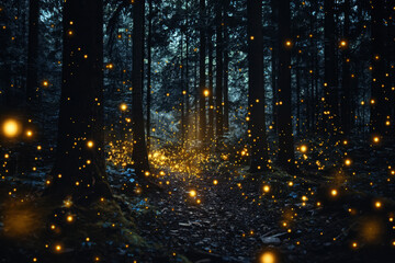 Wall Mural - Enchanted woodland with golden fireflies sparkling in the twilight