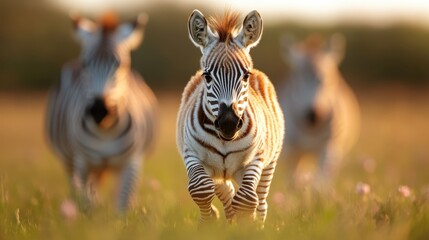 A trio of zebras canters energetically across a lively, sunlit field, their striking patterns contrasting beautifully with the lush greenery surrounding them.