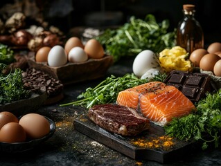 A Feast of Flavors:  A culinary composition featuring fresh salmon, seasoned steak, dark chocolate, eggs and herbs, arranged on a rustic wooden board.  The scene is illuminated with a warm.