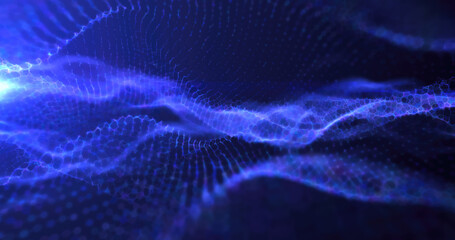 Poster - Abstract blue wave light pattern resembling a digital or organic flow, with a soft glow and intricate details background