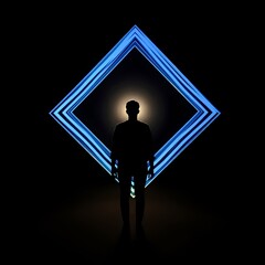 Poster - Silhouette of a person standing in front of glowing blue geometric shapes in a dark setting. Generative AI