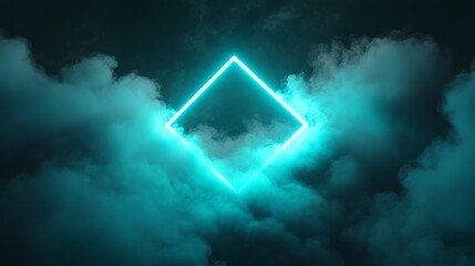 Wall Mural - A 3D depiction with an abstract futuristic theme, incorporating neon geometric shapes and stormy clouds on a night sky, placed inside a rhombus frame, reserving space for additional copy.