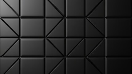 In this 3D render, a semigloss wall background is decorated with polished tiles. The wallpaper consists of a triangular design with 3D black blocks.