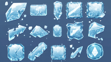 Poster - Transparent cartoon ice buttons, sliders, arrows and keys with cracks. Ice crystals game asset, user panel interface elements with play and stop, conformation and decline buttons, progress bar