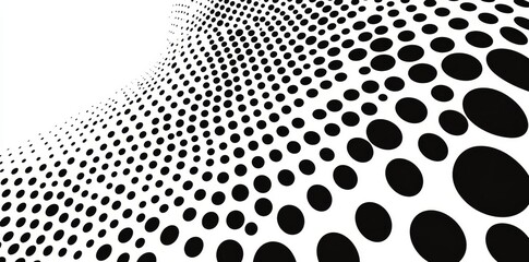 Flowing dots create a wave pattern that channels into a 3D curve with a halftone black gradient, isolated on a white background. This visual evokes a modern sense of technology, science, music, and