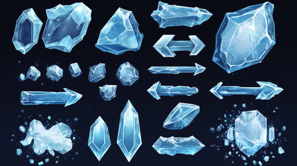 Poster - Transparent cartoon ice buttons, sliders, arrows and keys with cracks. Ice crystals game asset, user panel interface elements with play and stop, conformation and decline buttons, progress bar