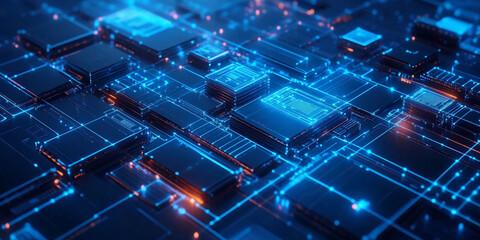Fototapete - Abstract representation of a futuristic technology circuit board with glowing lines and digital connections. Generative AI