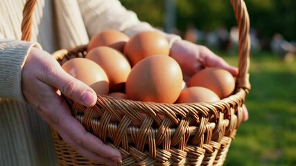 Poster - Farm worker grasping wicker basket filled with brown eggs, surrounded by free range chickens during golden hour sunlight, capturing agricultural harvest in smooth slow motion sequence