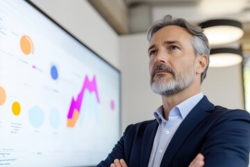 Poster - Senior executive with arms crossed, observing company performance data on a large interactive screen in a modern office