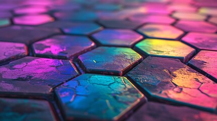 Poster - Blue and Orange Geometric Shapes in 3D on a Hexagonal Technology Background