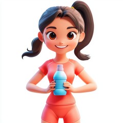 Wall Mural - Sporty girl with a ponytail, dressed in athletic wear, holding a water bottle and smiling, isolated on white background