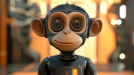 Poster - Futuristic monkey robot character or cartoon animal mascot and digital droid, vector cyborg. Funny cartoon monkey robot toy or animal android bot with face display for kid futuristic cartoon character
