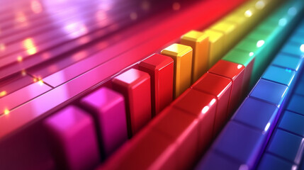 Poster - Two colourful fluctuating bar graphs viewed from a high angle, one in red and one multicoloured with sparkling corners. Vector version also available in gallery