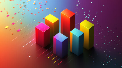 Poster - Two colourful fluctuating bar graphs viewed from a high angle, one in red and one multicoloured with sparkling corners. Vector version also available in gallery