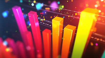 Poster - Two colourful fluctuating bar graphs viewed from a high angle, one in red and one multicoloured with sparkling corners. Vector version also available in gallery