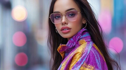 Wall Mural - Young hispanic female with glasses in colorful jacket on vibrant city street