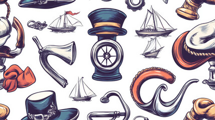 Wall Mural - Nautical seamless pattern with marine and seafarer symbols. Vector background of sailor equipment, captain hat or smoking pipe and lighthouse, ship helm with anchor or spyglass and sextant